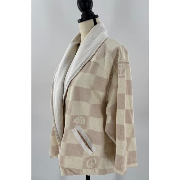 Urban Outfitters Kimono Jacket Cream Checked Wrap Coat Mushroom Peace XS S M - Picture 2 of 10